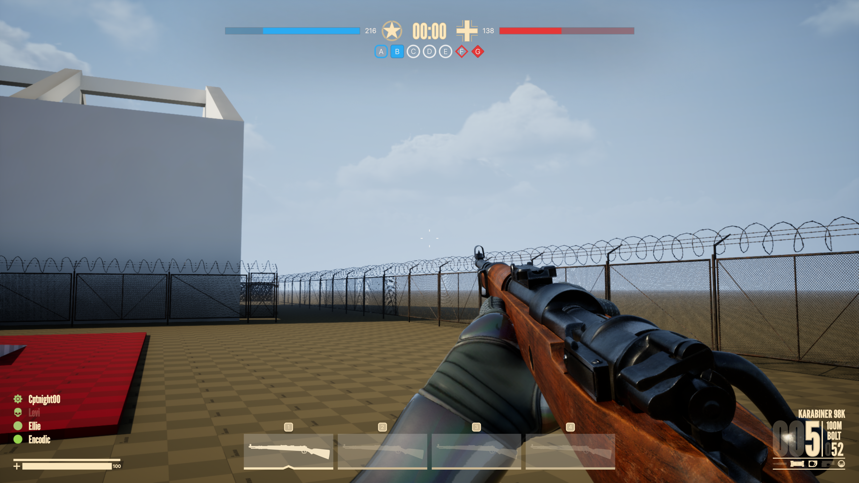 A screenshot of the game, showcasing a first-person view of a soldier holding a Kar98k, with a number of UI elements visible on screen displaying score, ammo count, and the weapon's name.